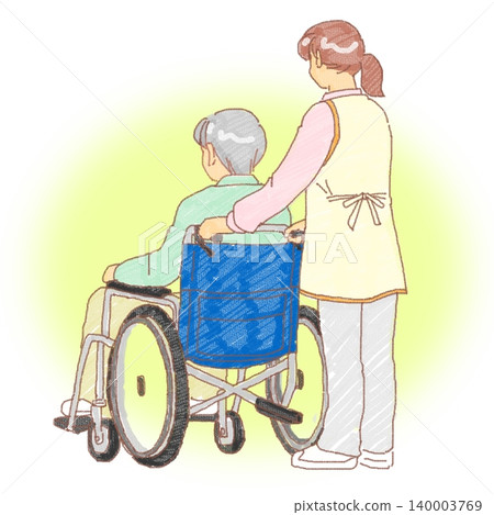 The back view of a caregiver pushing a wheelchair 140003769