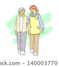 An illustration of an elderly person walking side by side with their caregiver. 140003770