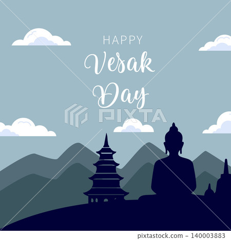 Happy Vesak Day Greeting Card with Buddha Temple Mountain Landscape Vector Illustration 140003883