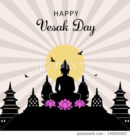 Vesak Day greeting template featuring Buddha silhouette, lotus flowers, Borobudur temple, sunburst background, and spiritual atmosphere. Vesak Day greeting template featuring Buddha silhouette, lotus flowers, Borobudur temple, sunburst background, and spiritual atmosphere. 140003887