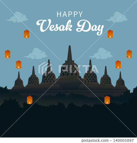 Happy Vesak Day Greeting with Borobudur Temple and Lantern Festival Illustration Happy Vesak Day Greeting with Borobudur Temple and Lantern Festival Illustration 140003897