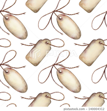 Vintage tags and twine bow seamless pattern watercolor illustration. Craft paper labels with string ribbon for organic pharmacy branding, handmade soap packaging design, rustic eco wellness print Vintage tags and twine bow seamless pattern watercolor illustration. Craft paper labels with string ribbon for organic pharmacy branding, handmade soap packaging design, rustic eco wellness print 140004312