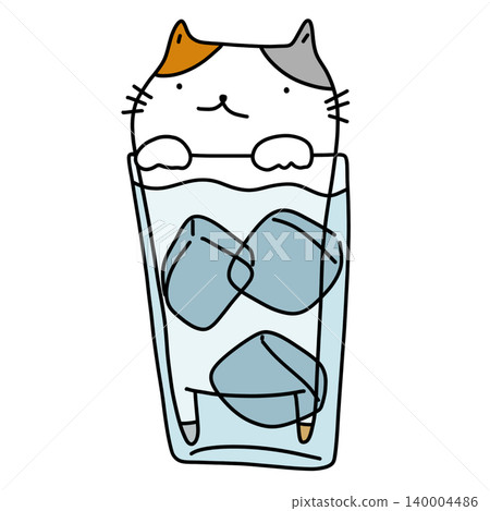 hand drawn illustration of a cute white cat in a glass of water hand drawn illustration of a cute white cat in a glass of water 140004486