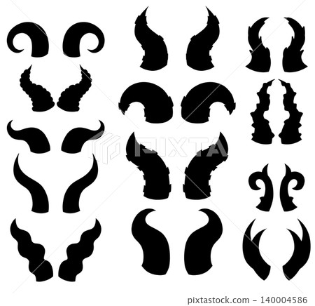 Vector set of black silhouette of devil and animal horns. Collection of shadow of magical fantasy horns Vector set of black silhouette of devil and animal horns. Collection of shadow of magical fantasy horns 140004586