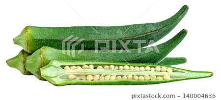 Fresh green okra pods isolated. One pod is sliced open lengthwise to reveal the internal seeds. High quality vegetable image for culinary and healthy eating concepts. Fresh green okra pods isolated. One pod is sliced open lengthwise to reveal the internal seeds. High quality vegetable image for culinary and healthy eating concepts. 140004636