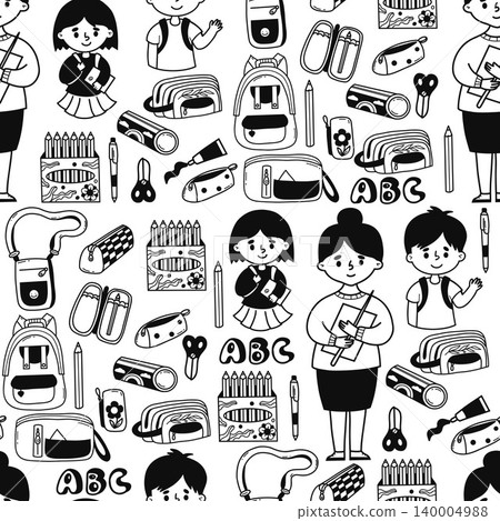 Back to School Seamless Doodle Pattern. Cute Black Hand-Drawn Teacher, Kids and Stationery, Educational Supplies on White Background. Vector Illustration Back to School Seamless Doodle Pattern. Cute Black Hand-Drawn Teacher, Kids and Stationery, Educational Supplies on White Background. Vector Illustration 140004988