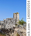 A unique moment at the Pobiti Kamani (Stone Desert) landmark as a passenger plane flies directly above a twin stone column. 140005054