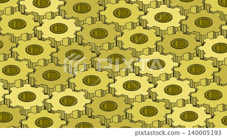 Mechanical horizontal backdrop of shafts and gears connected into a single torque transmission system. 3D vector background top view at an angle 140005193