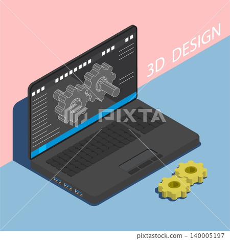 Isometric workplace of a 3D designer engineer, designer of complex industrial systems and equipment. Cartoon 3D vector on blue background 140005197