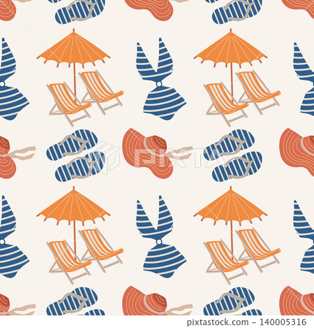 Beach Pattern. Lounger Umbrella Hat Swimsuit Flip 140005316