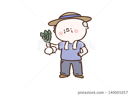 A senior man wearing a straw hat and holding a magnificent turnip in his hand, looking delighted (home gardening/farming). A senior man wearing a straw hat and holding a magnificent turnip in his hand, looking delighted (home gardening/farming). 140005857