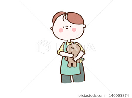 一位和藹的男性幼教工作者（幼兒教育/幼兒教育），穿著圍裙，抱著泰迪熊。 140005874
