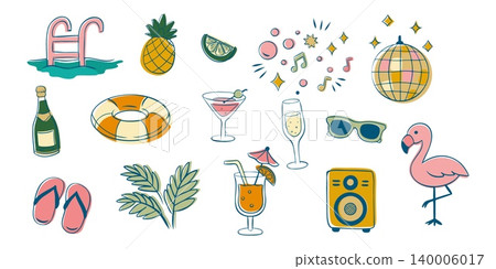 Summer Pool Party Elements Set Doodle Clipart 140006017