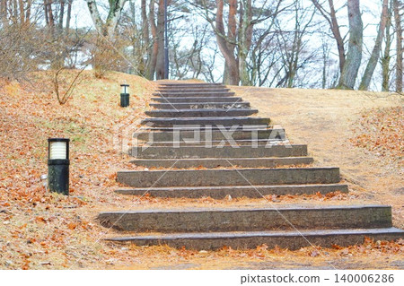 Outdoor background photo of a nature park with stairs and fallen leaves, a quiet walking path in autumn and winter. Outdoor background photo of a nature park with stairs and fallen leaves, a quiet walking path in autumn and winter. 140006286