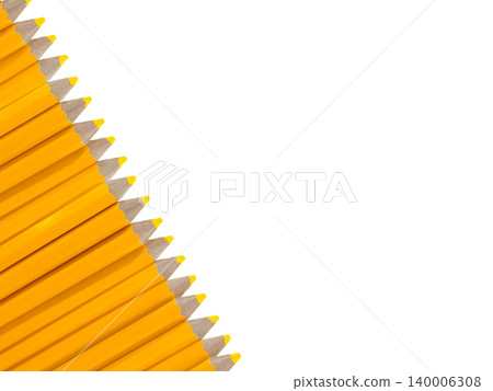 A yellow wooden pencil in the upper left corner against a white background. 140006308