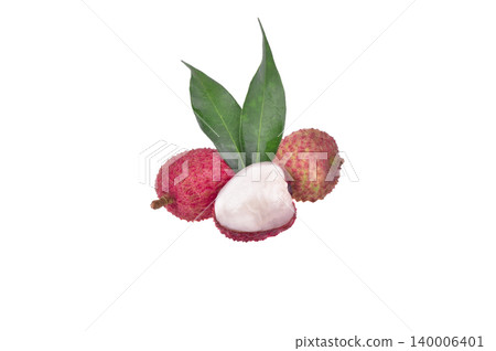 Lychee with leaves isolated on white background. 140006401