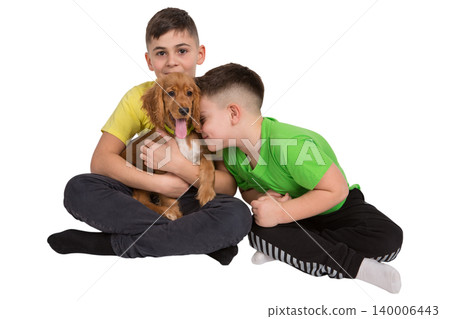 Two young boys hugging a cute cocker spaniel puppy in studio Two young boys hugging a cute cocker spaniel puppy in studio 140006443
