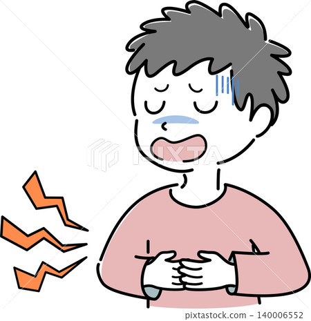 Simple illustration of a man's upper body suffering from abdominal pain (stress, depression, anxiety, poor health, explanation, person) 140006552