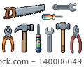 Pixel art work tools set hammer wrench screwdriver saw pliers retro game icons collection 140006649