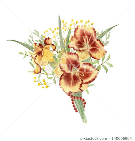 A bouquet of yellow gypsophila flowers and green eucalyptus leaves, hand-painted in watercolor on an isolated background. Bright botanical clipart for gifts and decorations. 140006964