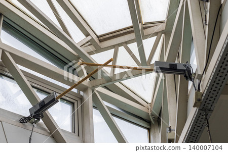 An indoor tropical garden or greenhouse atrium setting illuminated by artificial overhead lighting An indoor tropical garden or greenhouse atrium setting illuminated by artificial overhead lighting 140007104