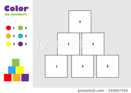 Cubes in cartoon style, color by number, education paper game for the development of children, coloring page, kids preschool activity, printable worksheet, vector illustration Cubes in cartoon style, color by number, education paper game for the development of children, coloring page, kids preschool activity, printable worksheet, vector illustration 140007304