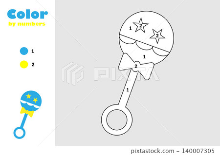 Beanbag in cartoon style, color by number, education paper game for the development of children, coloring page, kids preschool activity, printable worksheet, vector illustration 140007305