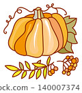 An orange pumpkin and a rowan branch in a vector illustration on a white background with a brown outline.  140007374