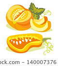 An orange pumpkin and a rowan branch in a vector illustration on a white background.  140007376