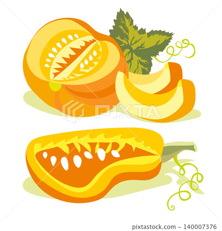 An orange pumpkin and a rowan branch in a vector illustration on a white background. An orange pumpkin and a rowan branch in a vector illustration on a white background. 140007376