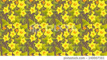 A seamless pattern featuring bright yellow flowers with leaves, rendered in vector on a dark brown background. Widely used in stationery, packaging, and wallpaper design. A seamless pattern featuring bright yellow flowers with leaves, rendered in vector on a dark brown background. Widely used in stationery, packaging, and wallpaper design. 140007381