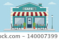 Cafe storefront exterior with outdoor seating, green coffee shop facade with tables and chairs on sidewalk, flat vector illustration 140007399