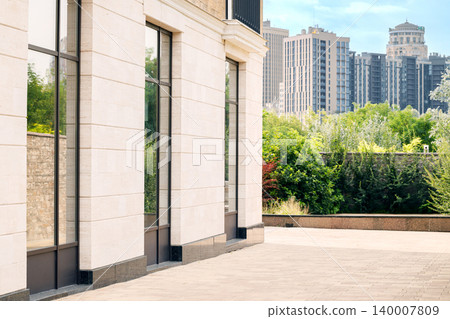 pedestrian space building yard paved floor patio porch with flora Asian huge city scape background pedestrian space building yard paved floor patio porch with flora Asian huge city scape background 140007809