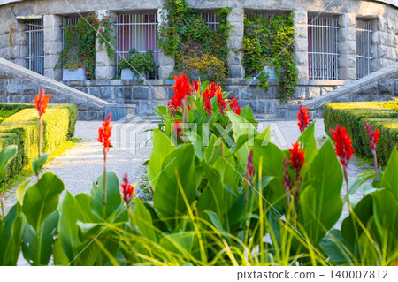 park urban landmark flower foreground view red and green petals and leaves spring blossom park urban landmark flower foreground view red and green petals and leaves spring blossom 140007812