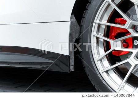 new car white frame bottom part with view of wheel tire circle shape background perspective empty copy space 140007844