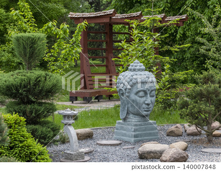 Large Stone Buddha Head Statue in Japanese Zen Garden with Pergola Large Stone Buddha Head Statue in Japanese Zen Garden with Pergola 140007848