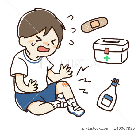 Illustrations of children's injuries and first aid. Illustrations of children's injuries and first aid. 140007859