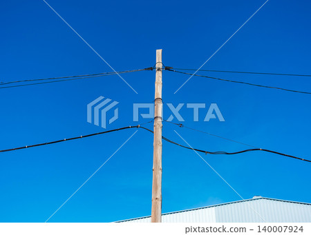 Concrete Utility Poles with Electrical Wires and Urban Background 140007924