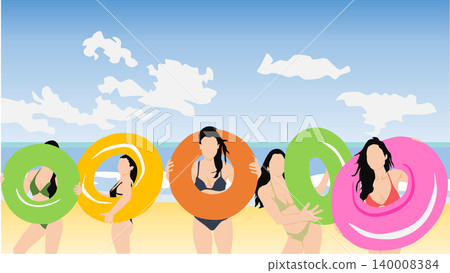 插圖描繪了一位女子在海裡玩救生圈的情景。 插圖描繪了一位女子在海裡玩救生圈的情景。 140008384