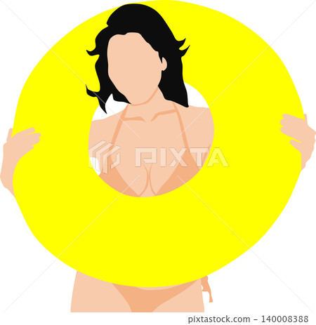 插圖描繪了一位女子在海裡玩救生圈的情景。 插圖描繪了一位女子在海裡玩救生圈的情景。 140008388