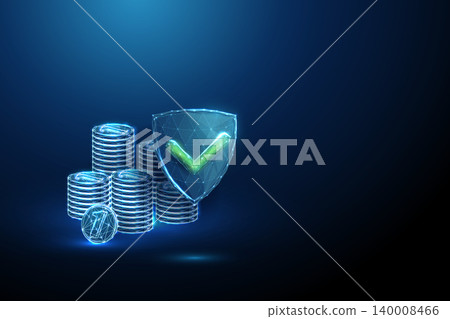 3D blue coins stacks and shield with green tick. Cybersecurity, financial protection, investment safety, savings, insurance, wealth defense, banking, trust concept 3D blue coins stacks and shield with green tick. Cybersecurity, financial protection, investment safety, savings, insurance, wealth defense, banking, trust concept 140008466
