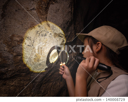 Close up of a little Asian girl explorer using a flashlight and a magnifying glass to examine a rock wall inside a dark cave. Close up of a little Asian girl explorer using a flashlight and a magnifying glass to examine a rock wall inside a dark cave. 140008729