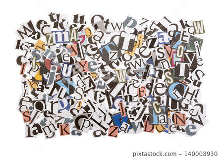 Pile of many colorful letters from newspapers and magazines isolated on white background with clipping path Pile of many colorful letters from newspapers and magazines isolated on white background with clipping path 140008930