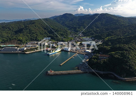An aerial photograph capturing the port town and mountain range of Saganoseki, Oita Prefecture. An aerial photograph capturing the port town and mountain range of Saganoseki, Oita Prefecture. 140008961
