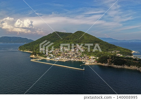An aerial photograph overlooking the village and harbor on Ogijima Island in Kagawa Prefecture. 140008995