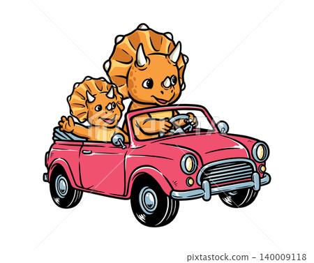 Triceratops dino and his son riding a car. Triceratops dino and his son riding a car. 140009118