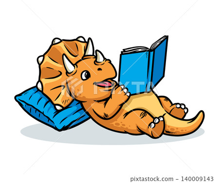 Triceratops dino lying down while reading a book Triceratops dino lying down while reading a book 140009143