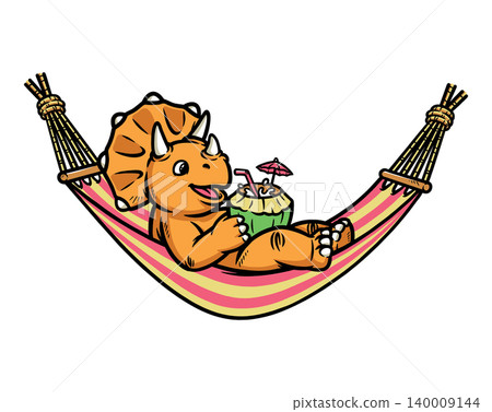 Triceratops dino lying in a hammock while drinking coconut Triceratops dino lying in a hammock while drinking coconut 140009144