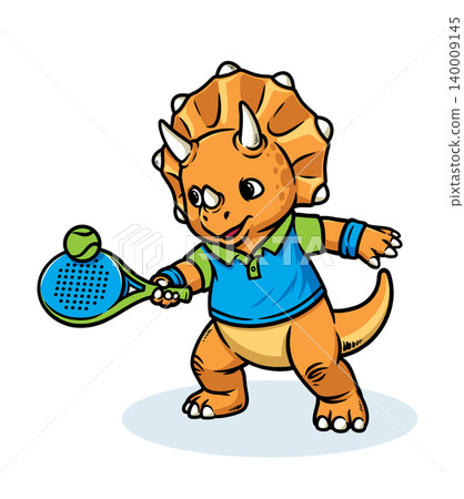 Triceratops dino playing padel happily Triceratops dino playing padel happily 140009145