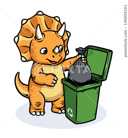 Triceratops dino throws trash into the trash can Triceratops dino throws trash into the trash can 140009161
